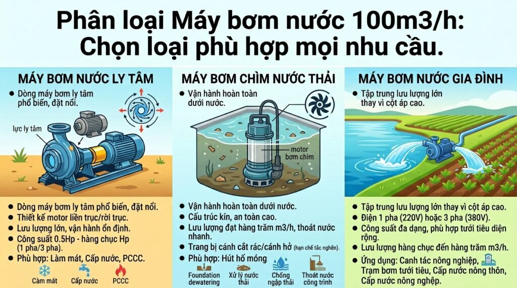 Phân loại Máy bơm nước 100m3/h: Chọn loại phù hợp mọi nhu cầu.