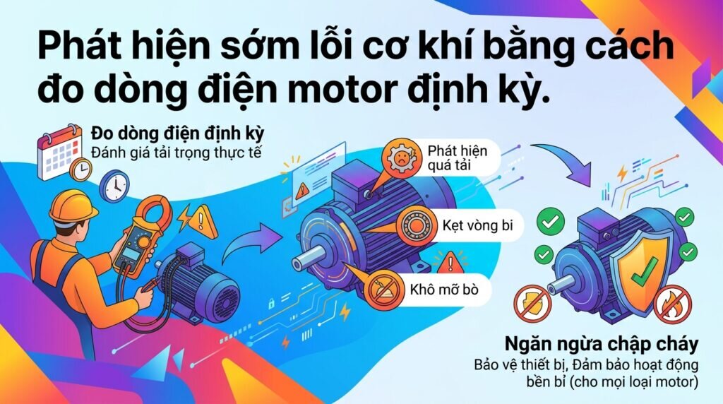 Phát hiện sớm lỗi cơ khí bằng cách đo dòng điện motor định kỳ.