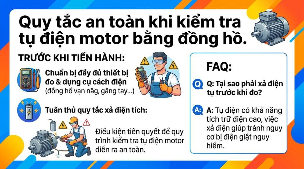 Quy tắc an toàn khi kiểm tra tụ điện motor bằng đồng hồ.