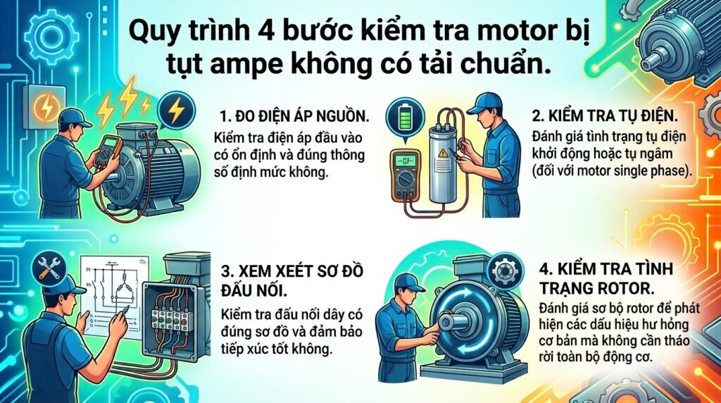 Quy trình 4 bước kiểm tra motor bị tụt ampe không có tải chuẩn.