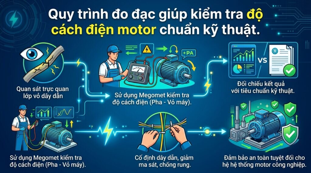 Quy trình đo đạc giúp kiểm tra độ cách điện motor chuẩn kỹ thuật.