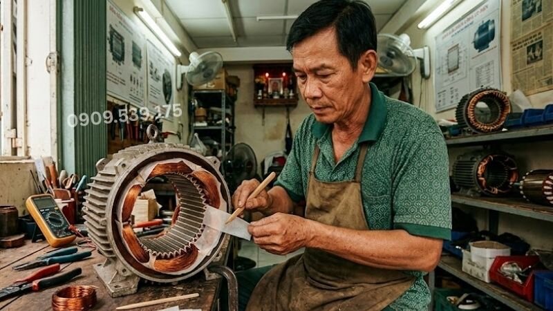 Quy trình lót cách điện: Vệ sinh rãnh stator, chọn vật liệu chịu nhiệt, lót chính xác pha-pha và đóng nêm để cố định cuộn dây.