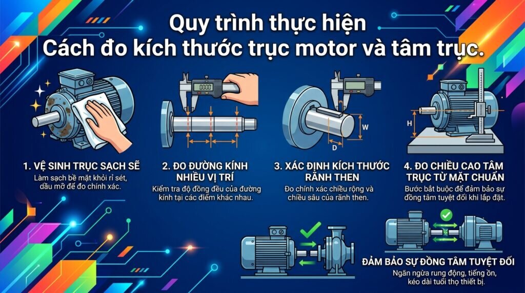 Quy trình thực hiện Cách đo kích thước trục motor và tâm trục.