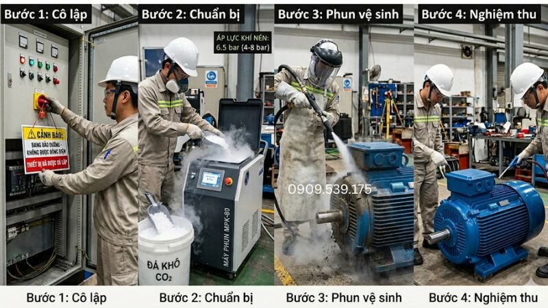 Công nghệ phun đá khô (CO2 rắn) giúp đánh bay dầu mỡ cứng đầu an toàn, hiệu quả mà không làm mài mòn lớp sơn tĩnh điện của thiết bị