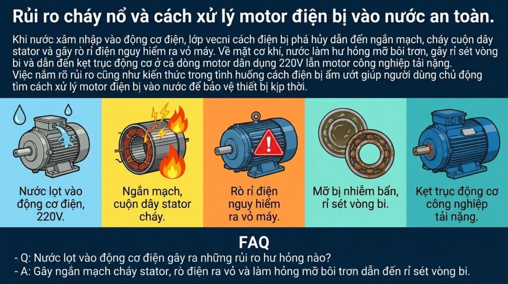Rủi ro cháy nổ và cách xử lý motor điện bị vào nước an toàn.