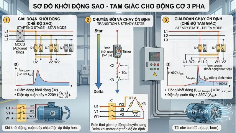 Sơ đồ mạch điện khởi động trực tiếp đơn giản cho động cơ điện ba pha.