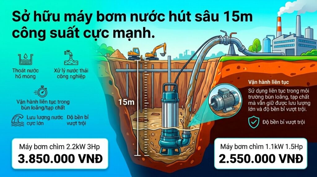 Sở hữu máy bơm nước hút sâu 15m công suất cực mạnh.