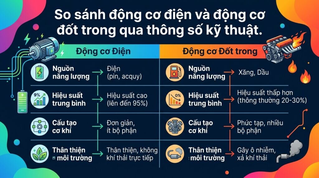 So sánh động cơ điện và động cơ đốt trong qua thông số kỹ thuật.