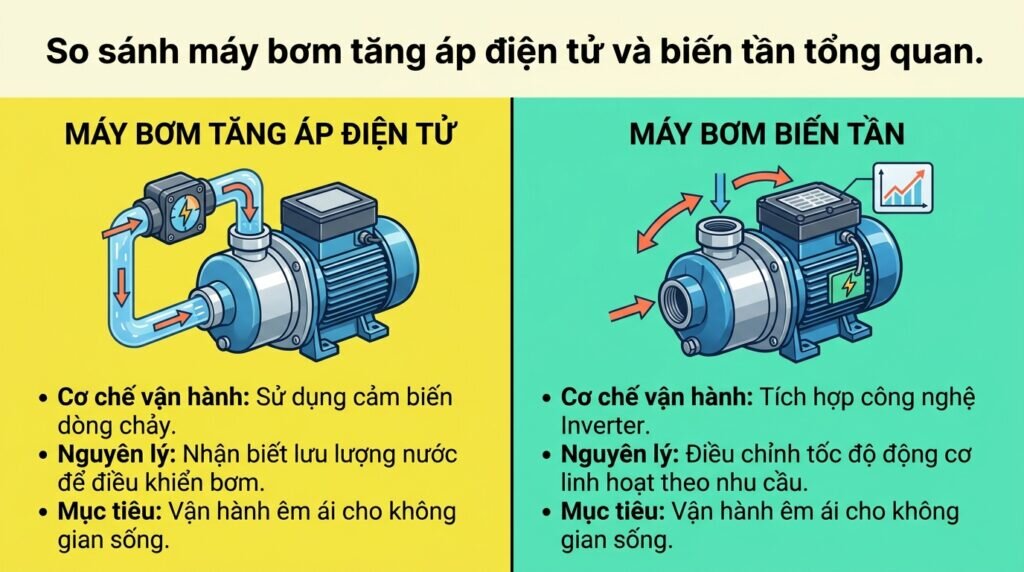 So sánh máy bơm tăng áp điện tử và biến tần tổng quan.