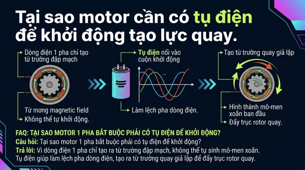 Tại sao motor cần có tụ điện để khởi động tạo lực quay.