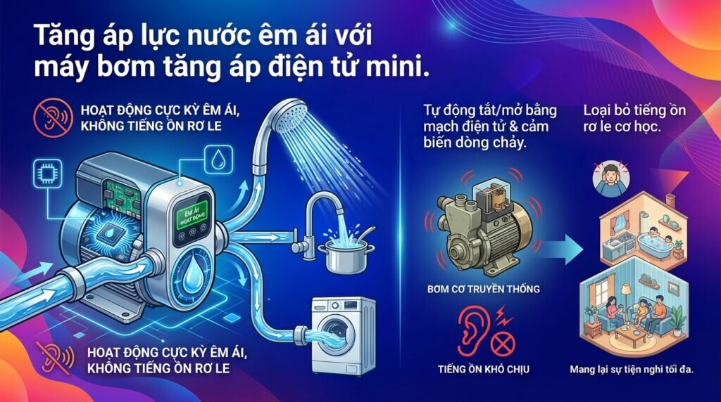 Tăng áp lực nước êm ái với máy bơm tăng áp điện tử mini.