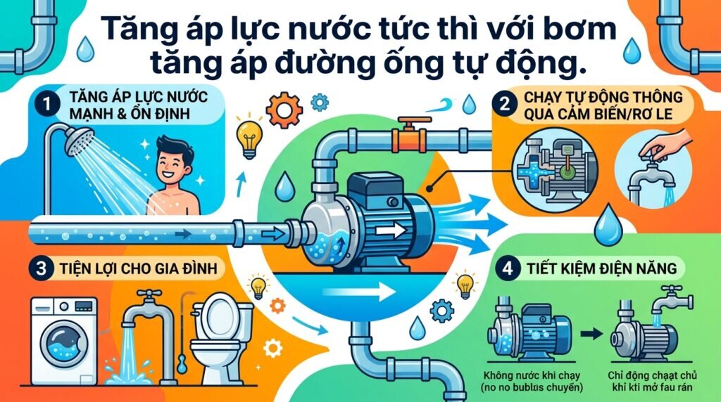 Tăng áp lực nước tức thì với bơm tăng áp đường ống tự động.