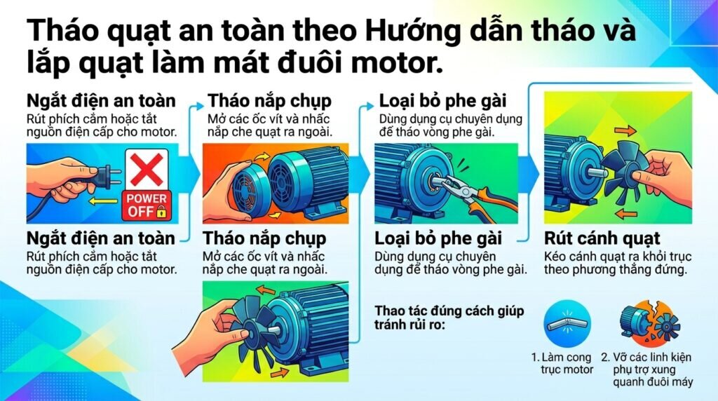 Tháo quạt an toàn theo Hướng dẫn tháo và lắp quạt làm mát đuôi motor.