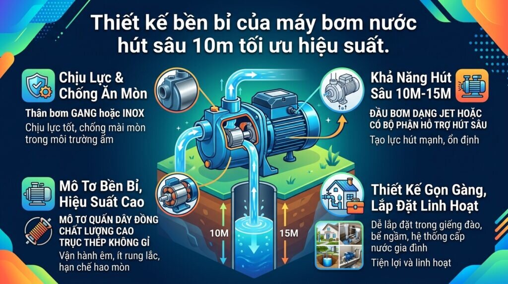 Thiết kế bền bỉ của máy bơm nước hút sâu 10m tối ưu hiệu suất.