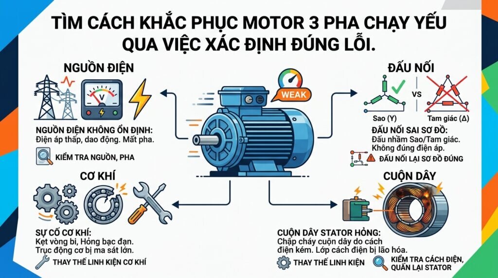 Tìm Cách khắc phục motor 3 pha chạy yếu qua việc xác định đúng lỗi.