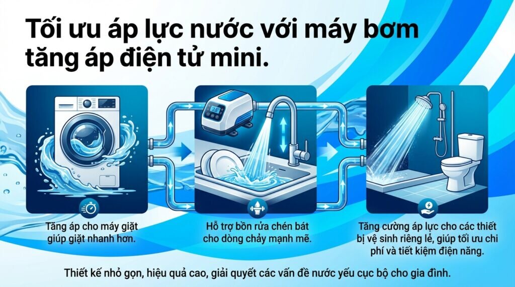 Tối ưu áp lực nước với máy bơm tăng áp điện tử mini.