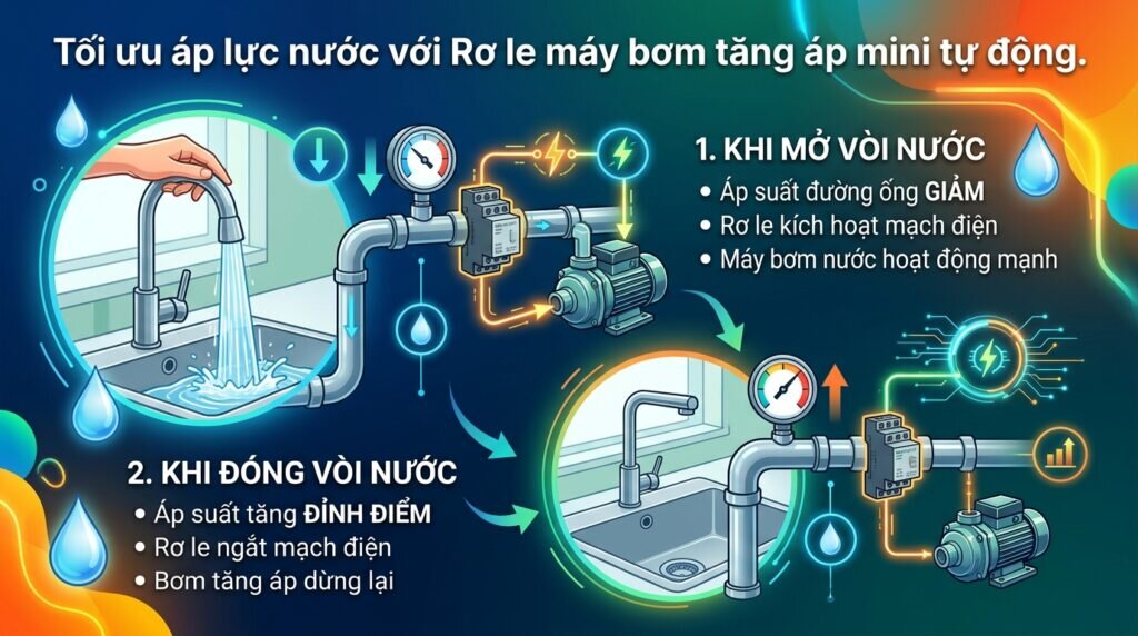 Tối ưu áp lực nước với Rơ le máy bơm tăng áp mini tự động.