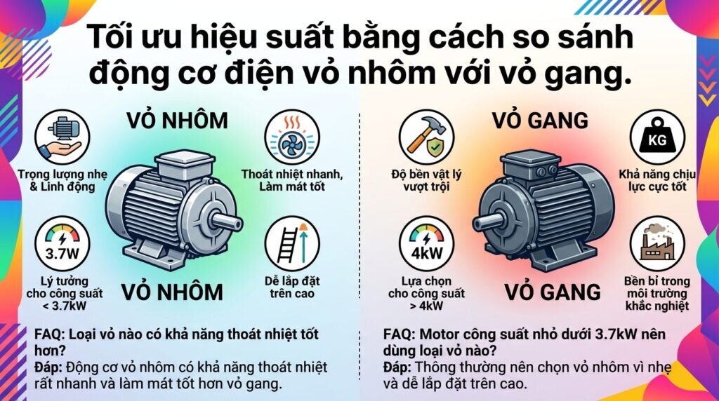 Tối ưu hiệu suất bằng cách so sánh động cơ điện vỏ nhôm với vỏ gang.