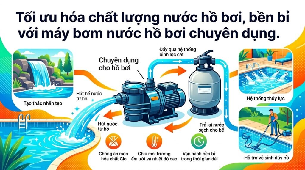 Tối ưu hóa chất lượng nước hồ bơi, bền bỉ với máy bơm nước hồ bơi chuyên dụng.