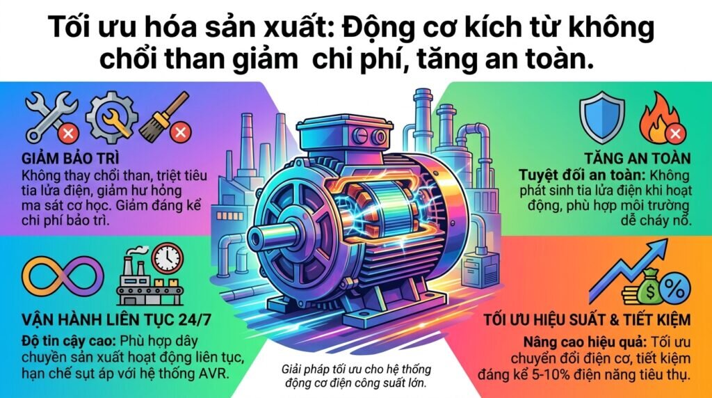 Tối ưu hóa sản xuất: Động cơ kích từ không chổi than giảm chi phí, tăng an toàn.