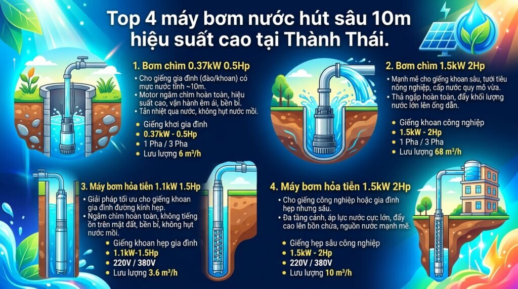 Top 4 máy bơm nước hút sâu 10m hiệu suất cao tại Thành Thái.