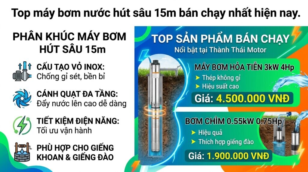 Top máy bơm nước hút sâu 15m bán chạy nhất hiện nay.