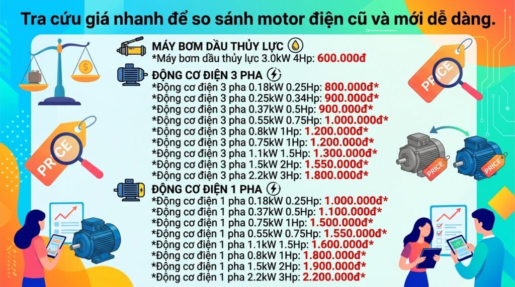Tra cứu giá nhanh để so sánh motor điện cũ và mới dễ dàng.
