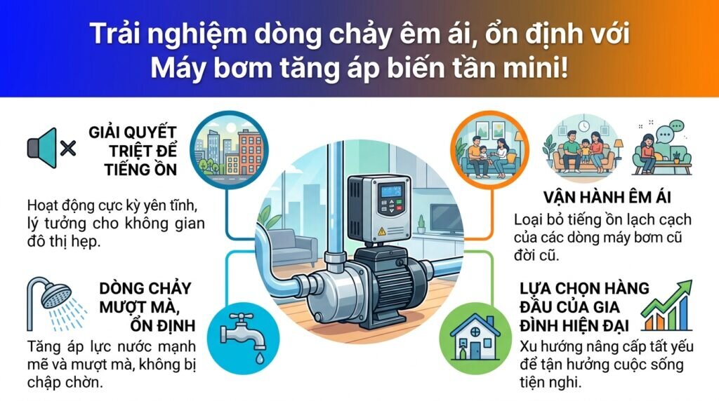 Trải nghiệm dòng chảy êm ái, ổn định với Máy bơm tăng áp biến tần mini!