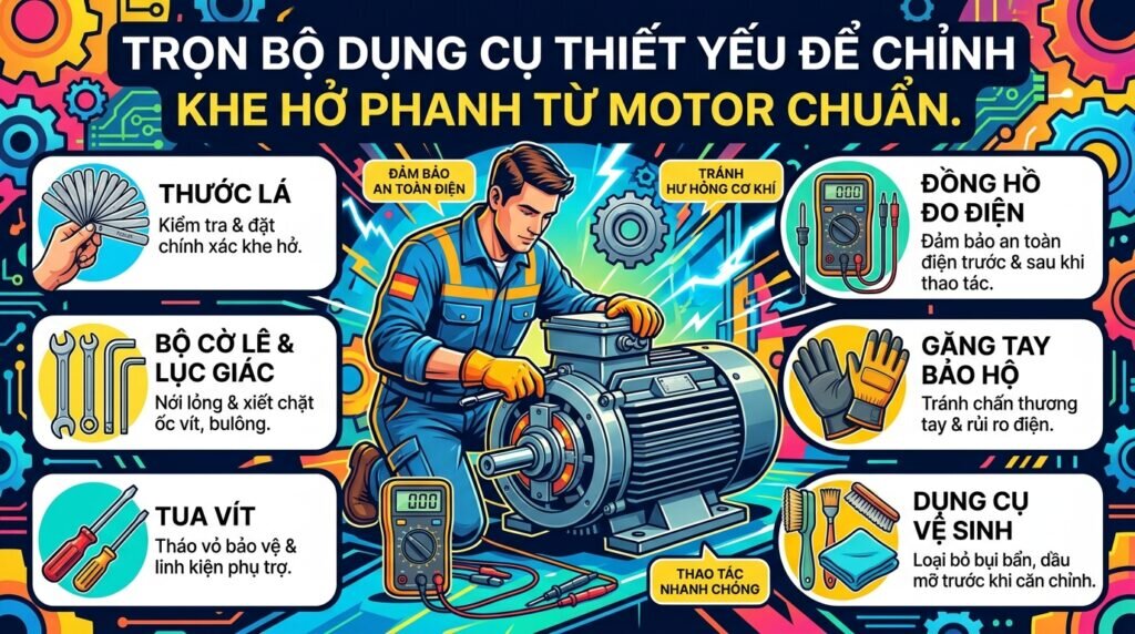 Trọn bộ dụng cụ thiết yếu để chỉnh khe hở phanh từ motor chuẩn.