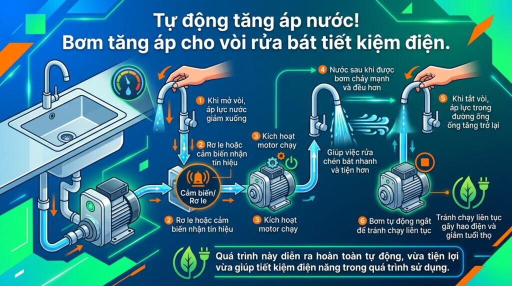 Tự động tăng áp nước! Bơm tăng áp cho vòi rửa bát tiết kiệm điện.