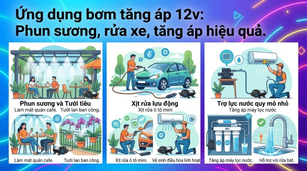 Ứng dụng `bơm tăng áp 12v`: Phun sương, rửa xe, tăng áp hiệu quả.