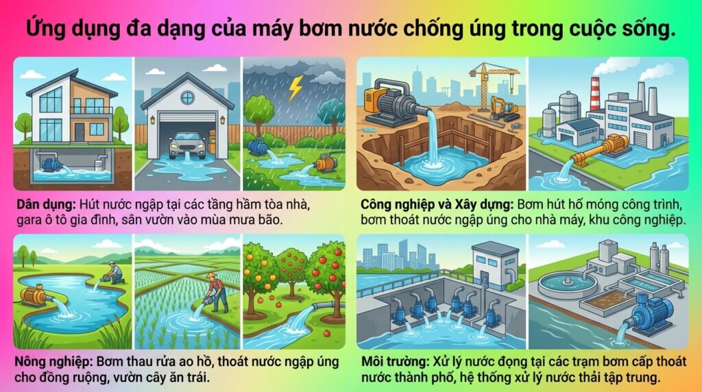 Ứng dụng đa dạng của máy bơm nước chống úng trong cuộc sống.