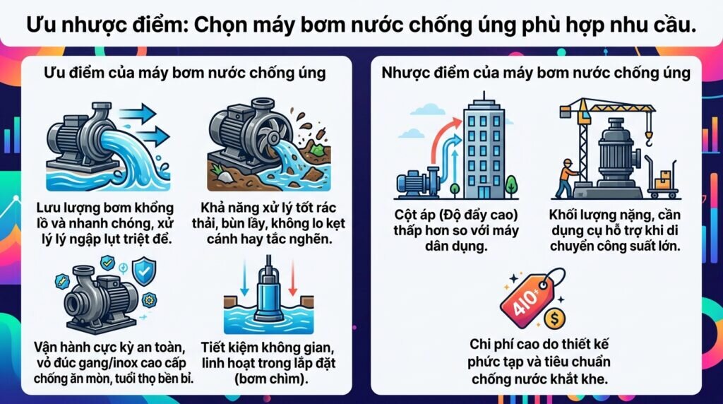 Ưu nhược điểm: Chọn máy bơm nước chống úng phù hợp nhu cầu.
