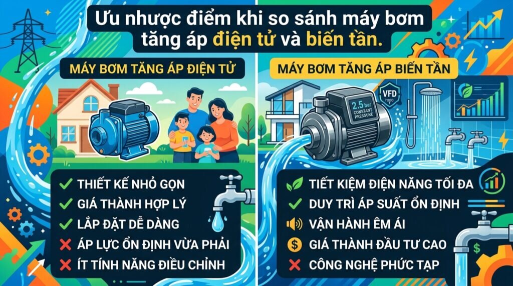 Ưu nhược điểm khi so sánh máy bơm tăng áp điện tử và biến tần.
