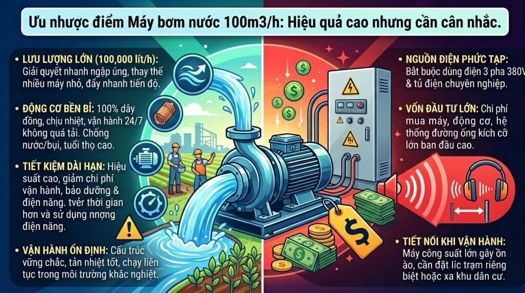 Ưu nhược điểm Máy bơm nước 100m3/h: Hiệu quả cao nhưng cần cân nhắc.