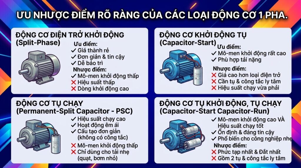 Ưu nhược điểm rõ ràng của các loại động cơ 1 pha.