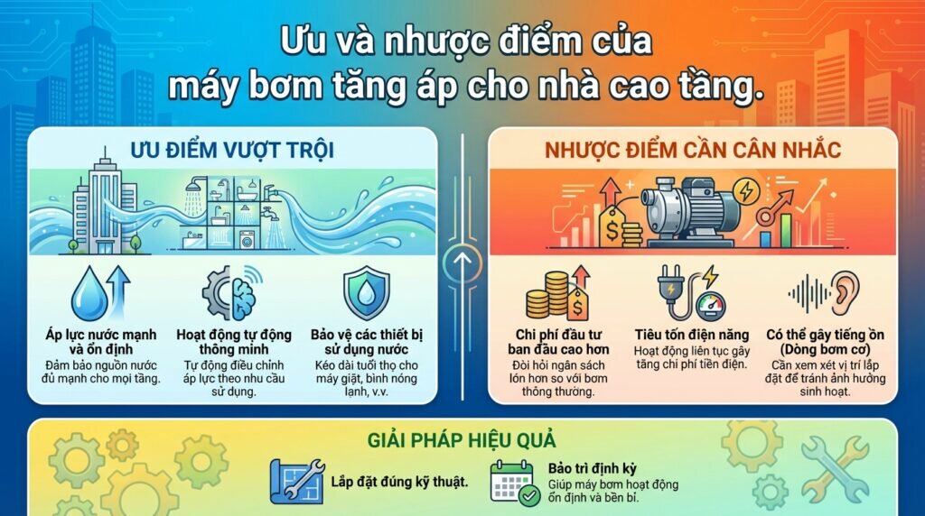 Ưu và nhược điểm của máy bơm tăng áp cho nhà cao tầng.