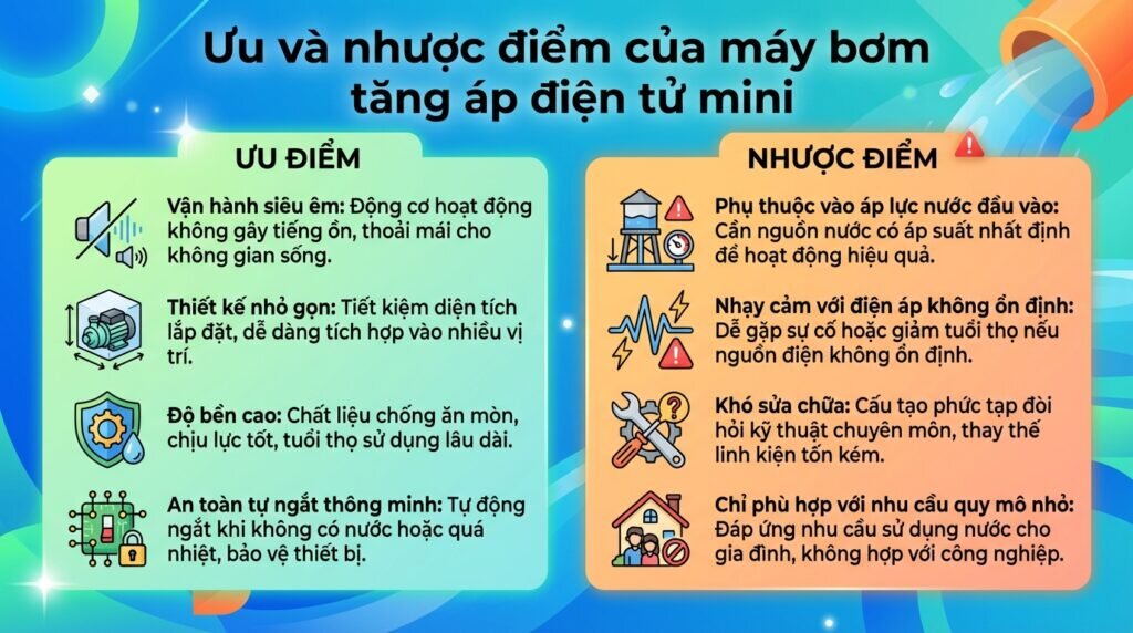 Ưu và nhược điểm của máy bơm tăng áp điện tử mini.