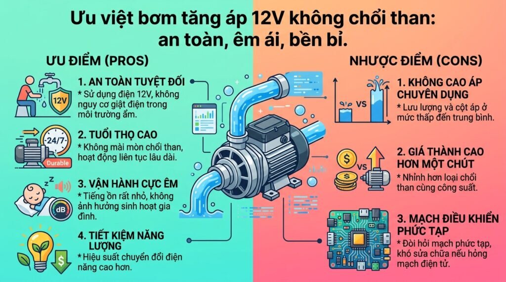 Ưu việt bơm tăng áp 12V không chổi than: an toàn, êm ái, bền bỉ.