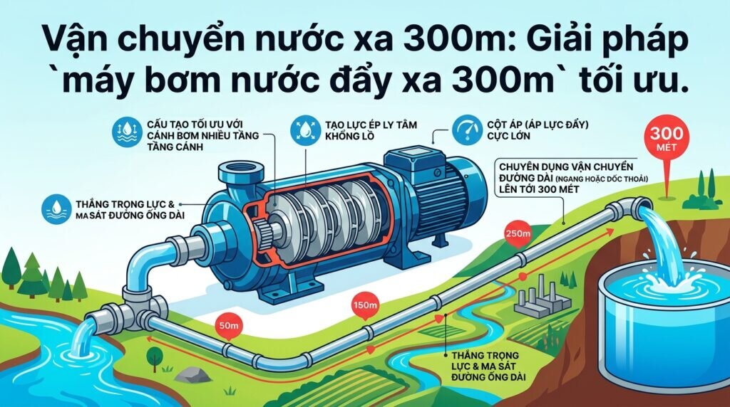 Vận chuyển nước xa 300m: Giải pháp `máy bơm nước đẩy xa 300m` tối ưu.