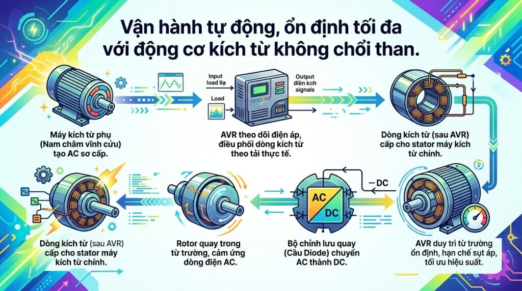 Vận hành tự động, ổn định tối đa với động cơ kích từ không chổi than.