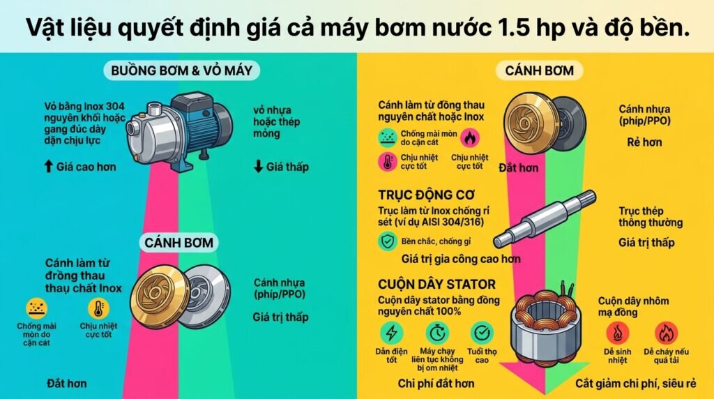 Vật liệu quyết định giá cả máy bơm nước 1.5 hp và độ bền.