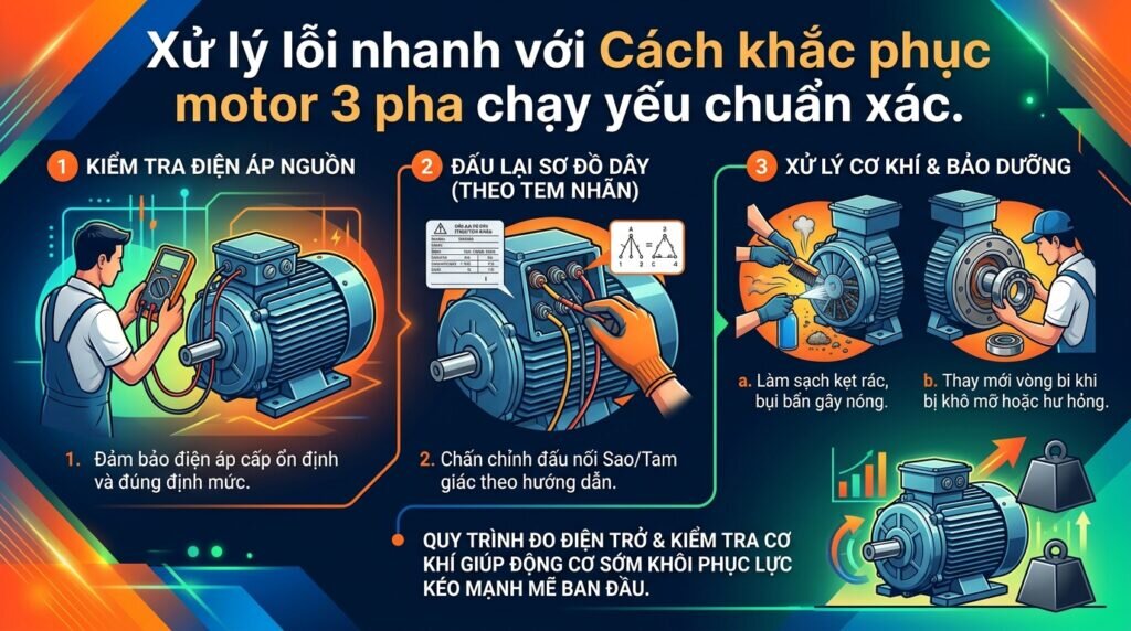 Xử lý lỗi nhanh với Cách khắc phục motor 3 pha chạy yếu chuẩn xác.