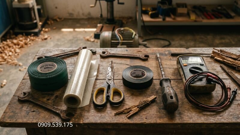 Dụng cụ tấm phim phíp chịu nhiệt, ống co nhiệt và các dụng cụ đo kiểm cần thiết để thi công an toàn.