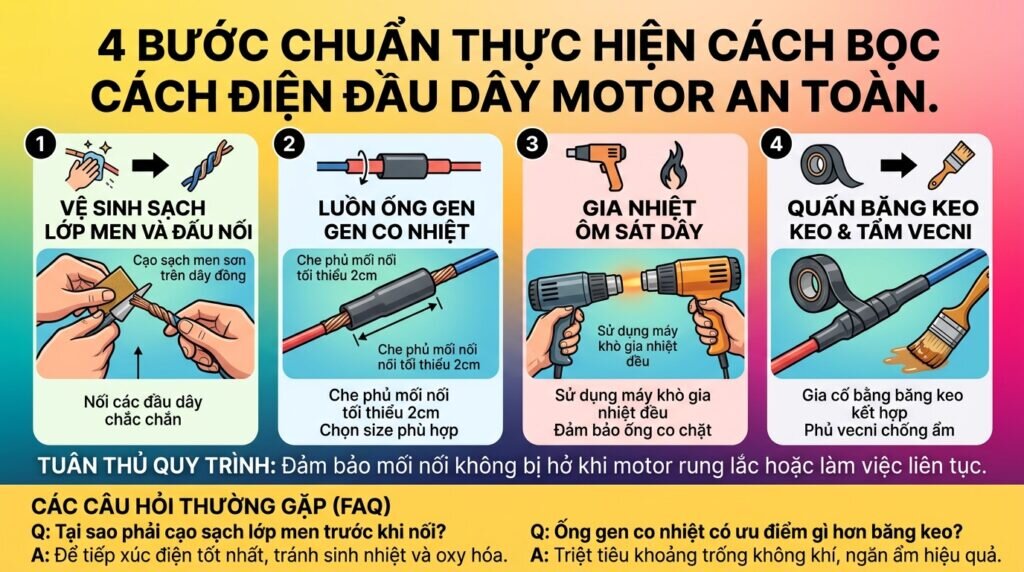 4 bước chuẩn thực hiện cách bọc cách điện đầu dây motor an toàn.