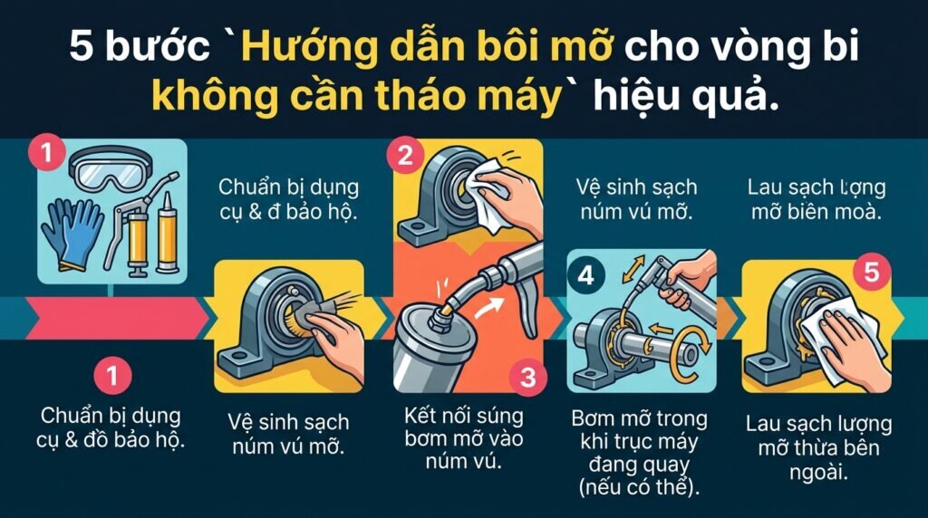 5 bước `Hướng dẫn bôi mỡ cho vòng bi không cần tháo máy` hiệu quả.