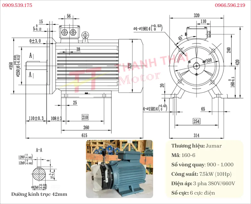 Bản vẽ và thông số kỹ thuật ủa động cơ điện có phanh 7.5kW 10Hp 6 cực