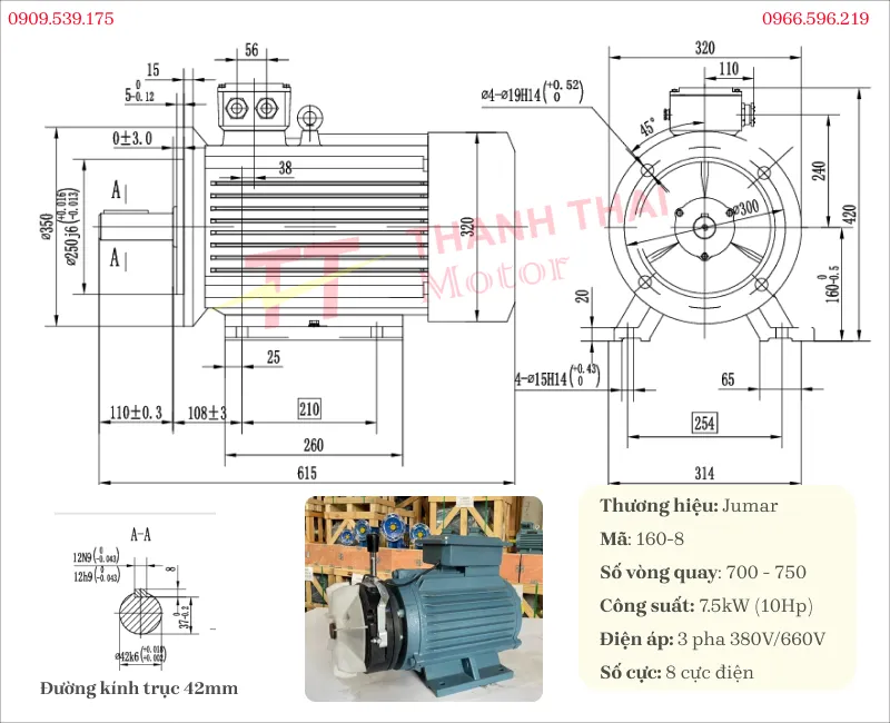Bản vẽ và thông số kỹ thuật ủa động cơ điện có phanh 7.5kW 10Hp 8 cực