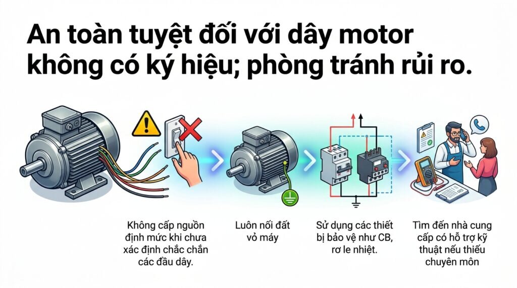 An toàn tuyệt đối với dây motor không có ký hiệu; phòng tránh rủi ro.