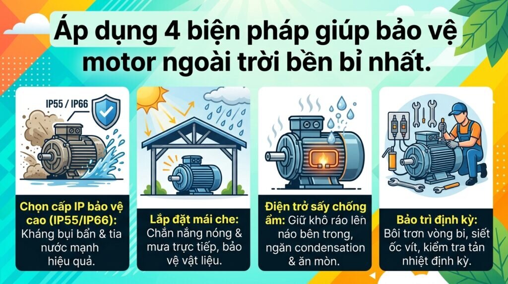 Áp dụng 4 biện pháp giúp bảo vệ motor ngoài trời bền bỉ nhất.
